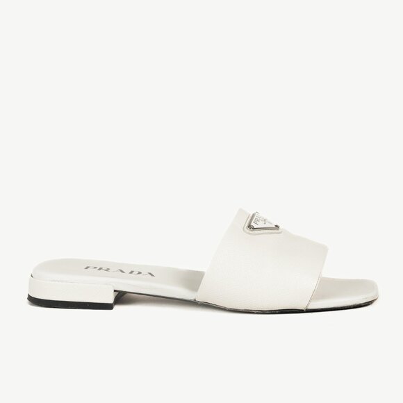 Prada White Saffiano Leather Logo Slide Sandals - Picture 2 of 11